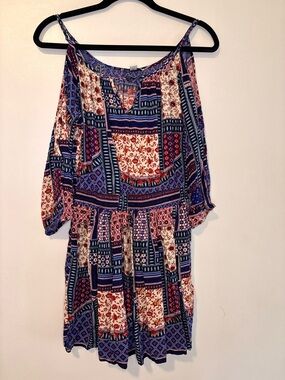 American Eagle Boho Patchwork Floral Cold Shoulder Mini Dress Blue Red Small